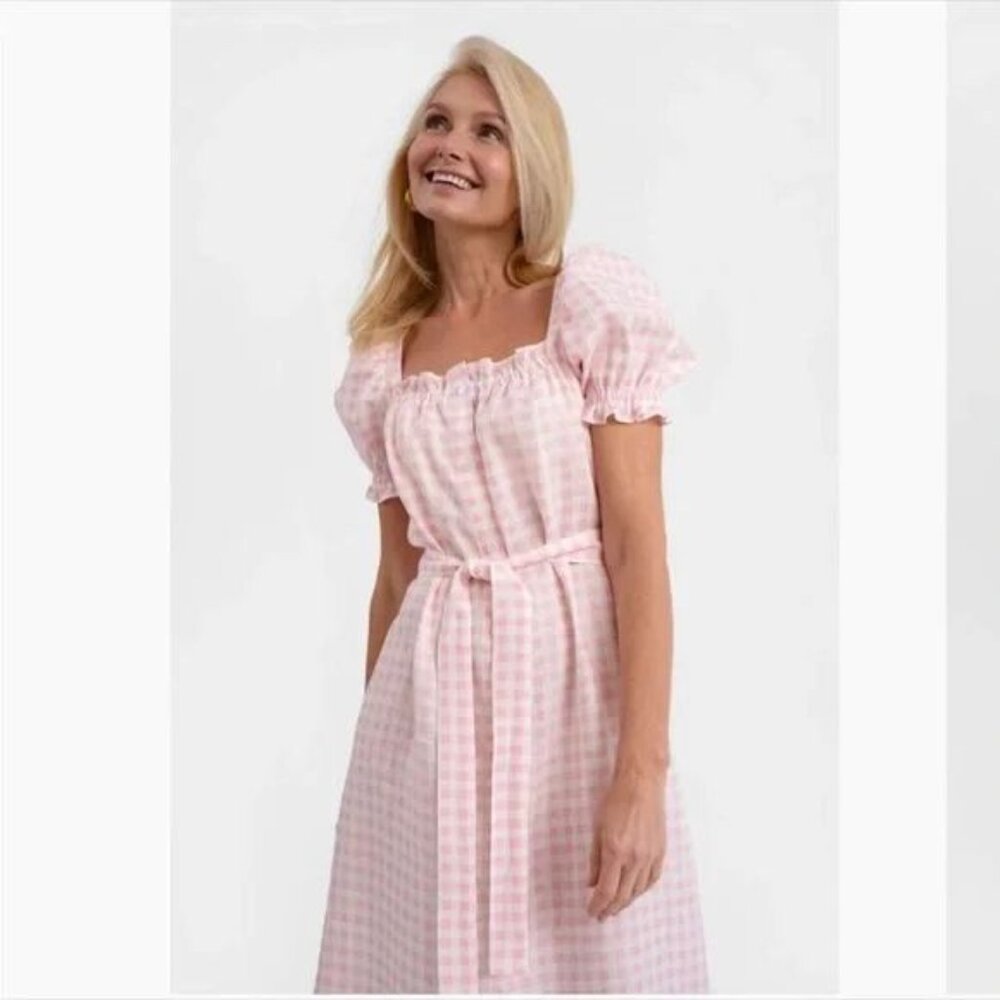 Sleeper Brigitte Linen Midi Dress Pink Vichy Large